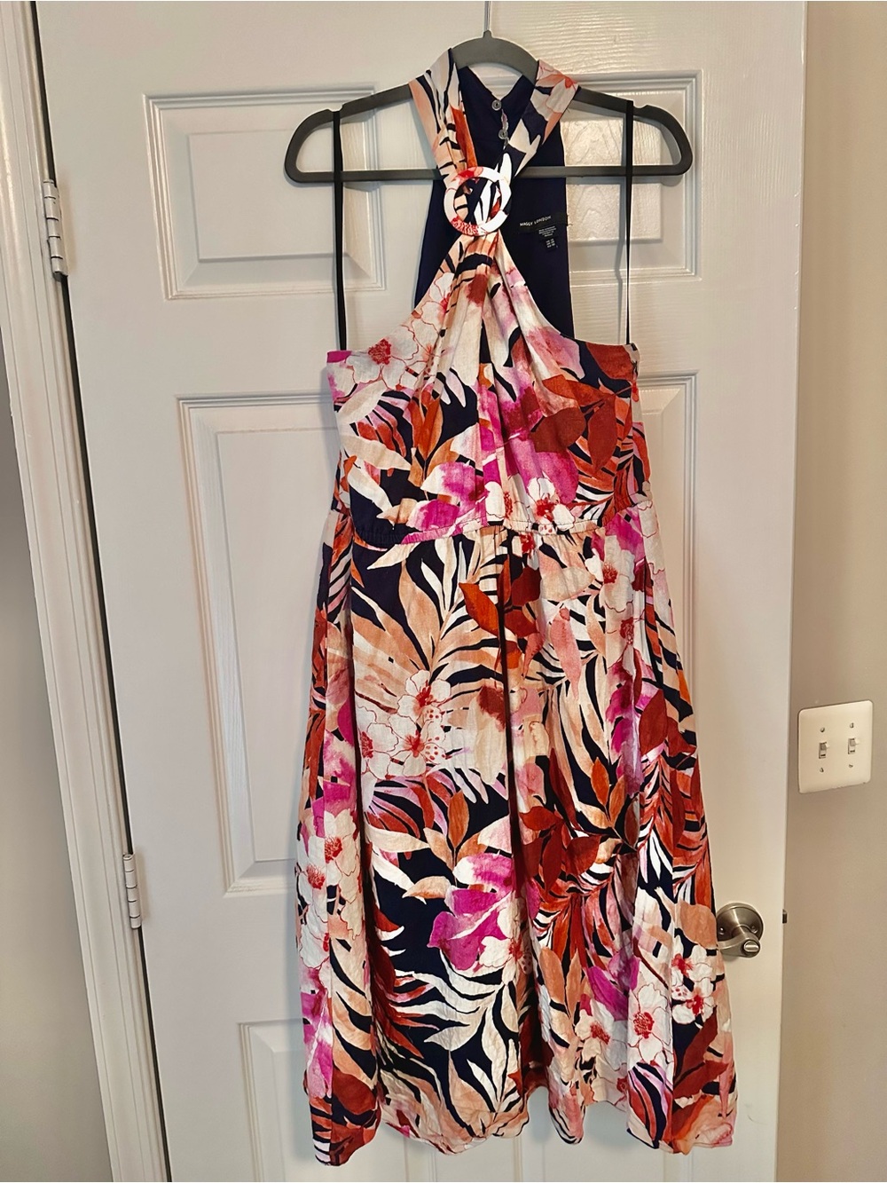 Maggy London Floral Linen Halter Ring Midi Dress